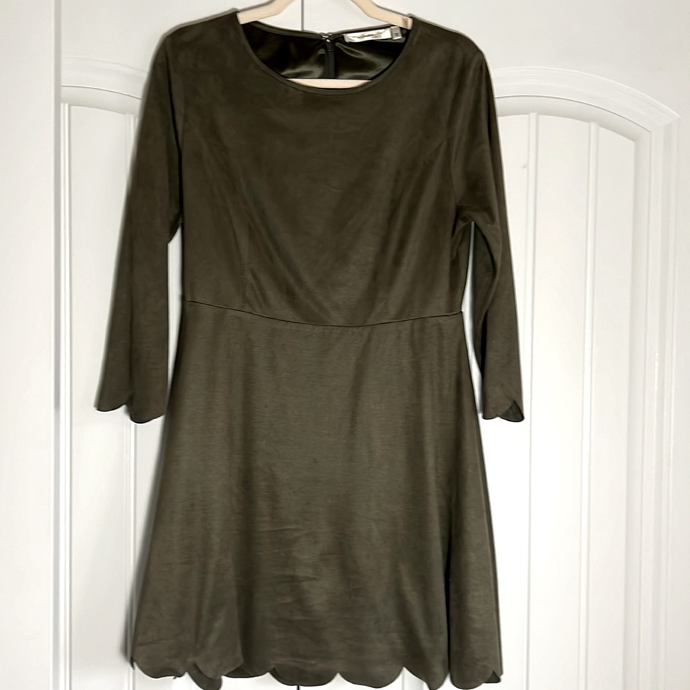 Andree 3/4 Sleeve Faux Suede Dark Olive Green Dress | Size Medium